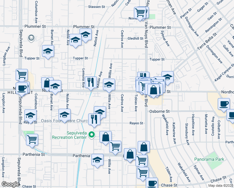 map of restaurants, bars, coffee shops, grocery stores, and more near 9054 Willis Avenue in Los Angeles