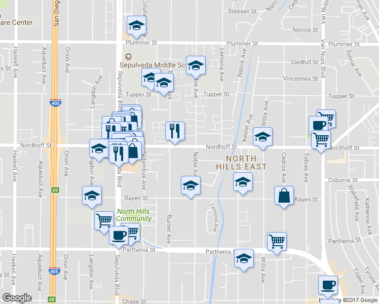 map of restaurants, bars, coffee shops, grocery stores, and more near 9038 Noble Avenue in Los Angeles