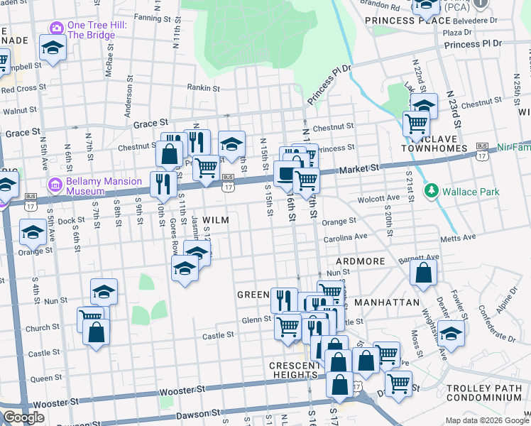 map of restaurants, bars, coffee shops, grocery stores, and more near 1401 Orange Street in Wilmington