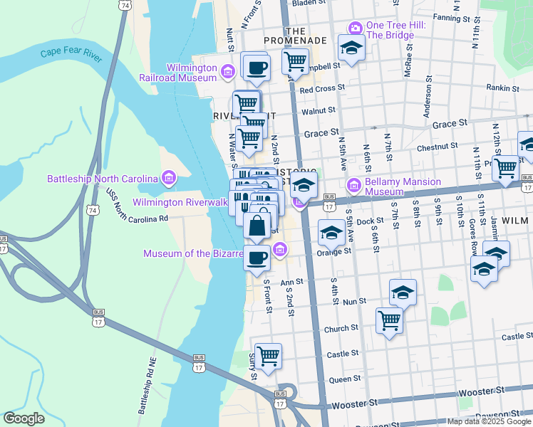 map of restaurants, bars, coffee shops, grocery stores, and more near 22 South Front Street in Wilmington