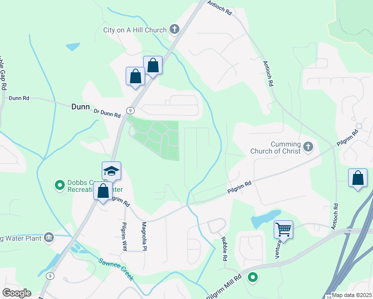map of restaurants, bars, coffee shops, grocery stores, and more near Tide Mill Road in Cumming