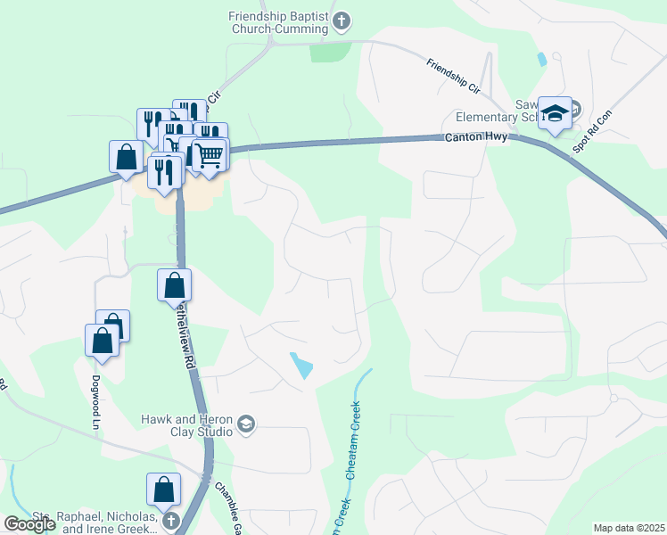 map of restaurants, bars, coffee shops, grocery stores, and more near 2605 Woodland Hills Drive in Cumming