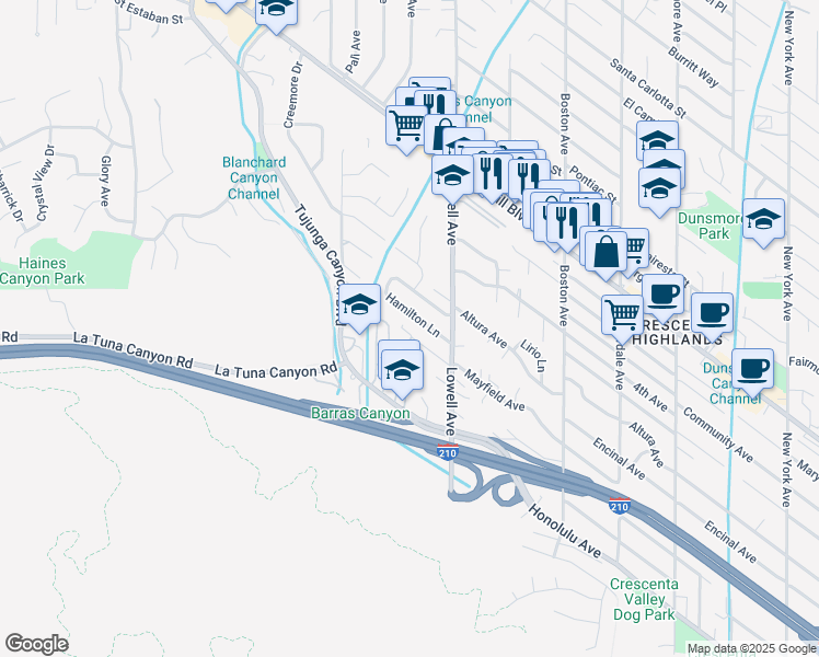map of restaurants, bars, coffee shops, grocery stores, and more near 6245 Mayfield Avenue in Glendale