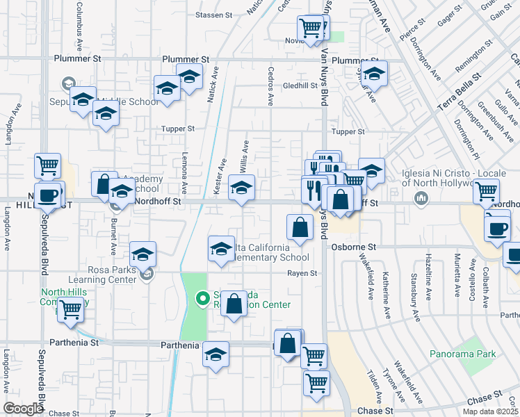 map of restaurants, bars, coffee shops, grocery stores, and more near 9075 Cedros Avenue in Los Angeles