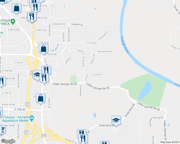 map of restaurants, bars, coffee shops, grocery stores, and more near 34 Gables Drive Southeast in Rome