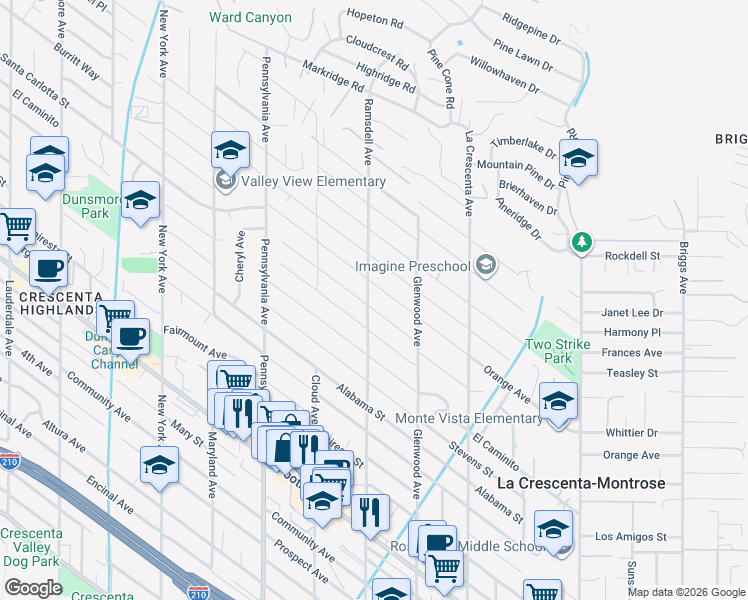 map of restaurants, bars, coffee shops, grocery stores, and more near 2941 Paraiso Way in La Crescenta-Montrose