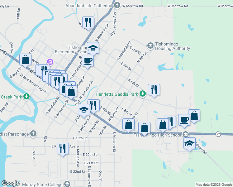 map of restaurants, bars, coffee shops, grocery stores, and more near 307 North Burris Street in Tishomingo