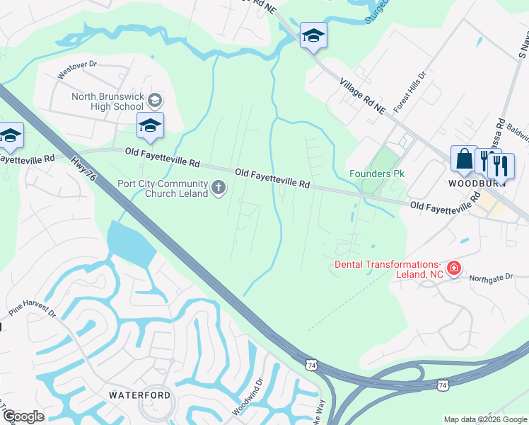 map of restaurants, bars, coffee shops, grocery stores, and more near 101-199 King Moore Road in Leland
