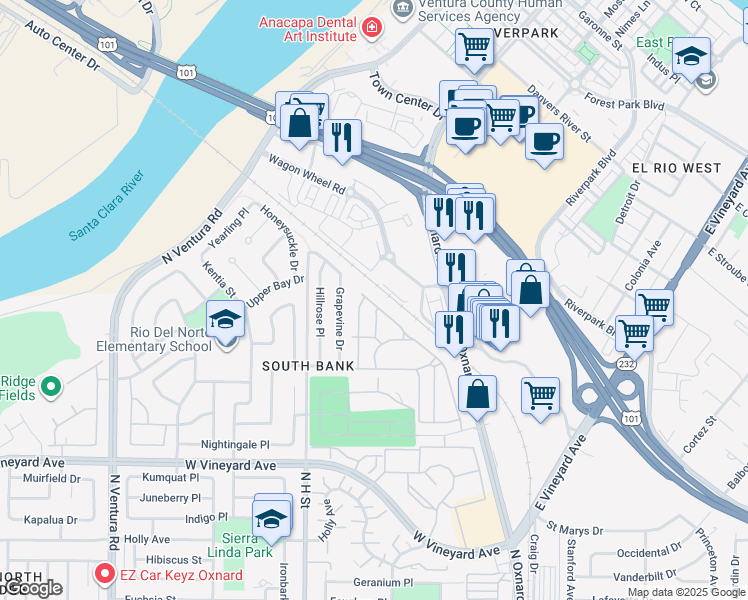 map of restaurants, bars, coffee shops, grocery stores, and more near 2560 Apple Lane in Oxnard