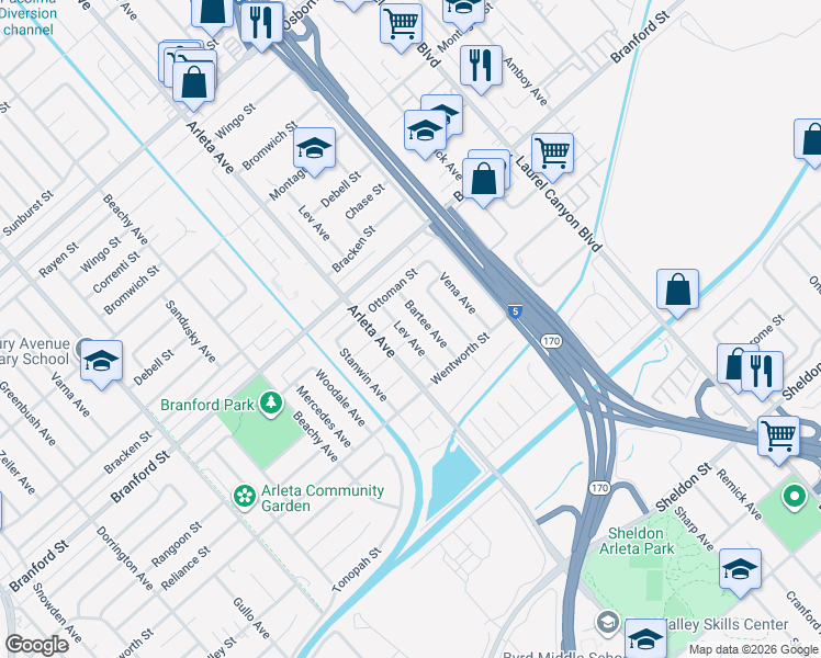 map of restaurants, bars, coffee shops, grocery stores, and more near 9106 Lev Avenue in Los Angeles