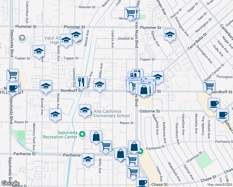 map of restaurants, bars, coffee shops, grocery stores, and more near 14690 Nordhoff Street in Los Angeles