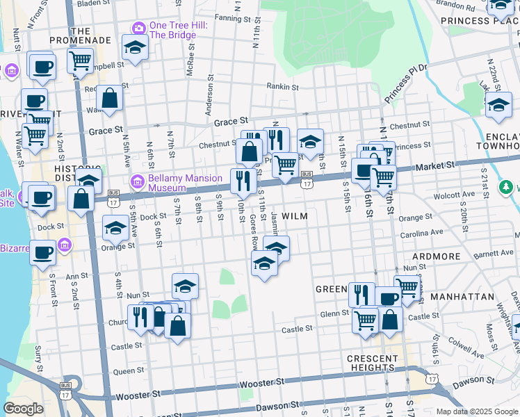 map of restaurants, bars, coffee shops, grocery stores, and more near 116 South 11th Street in Wilmington