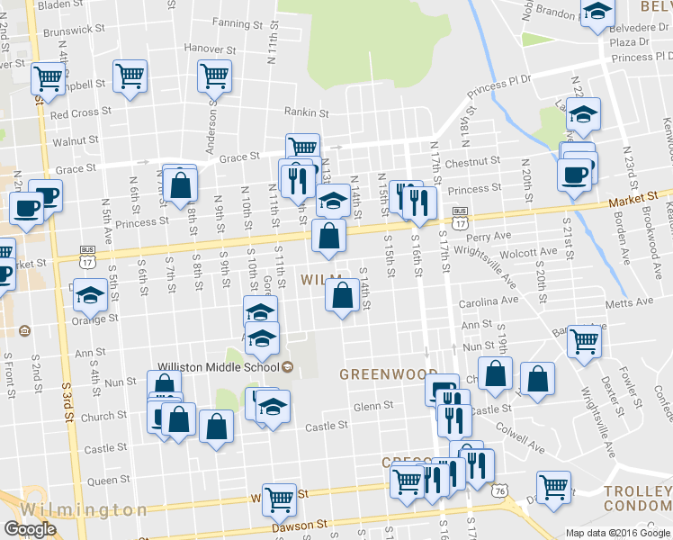map of restaurants, bars, coffee shops, grocery stores, and more near 2 Kendall Avenue in Wilmington
