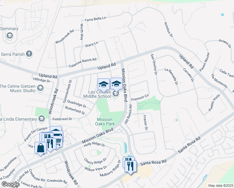 map of restaurants, bars, coffee shops, grocery stores, and more near 5750 Fieldcrest Drive in Camarillo
