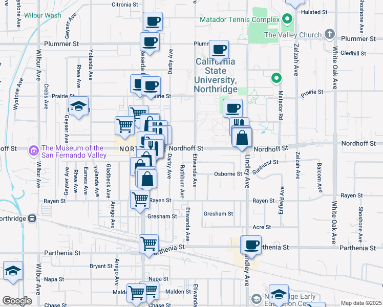 map of restaurants, bars, coffee shops, grocery stores, and more near 9039 Etiwanda Avenue in Los Angeles