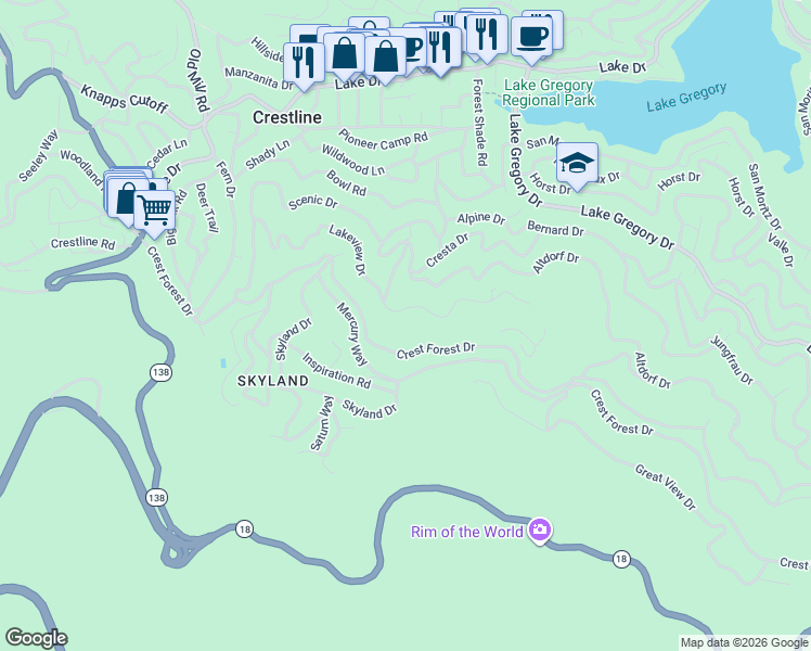 map of restaurants, bars, coffee shops, grocery stores, and more near 23959 Lakeview Drive in Crestline