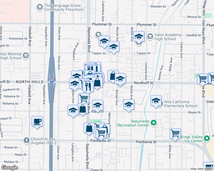map of restaurants, bars, coffee shops, grocery stores, and more near 15240 Nordhoff Street in Los Angeles