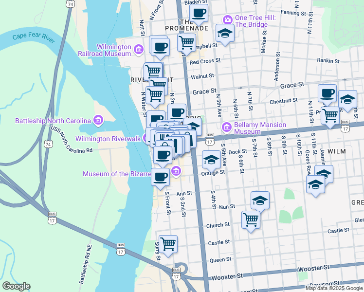 map of restaurants, bars, coffee shops, grocery stores, and more near 208 Market Street in Wilmington