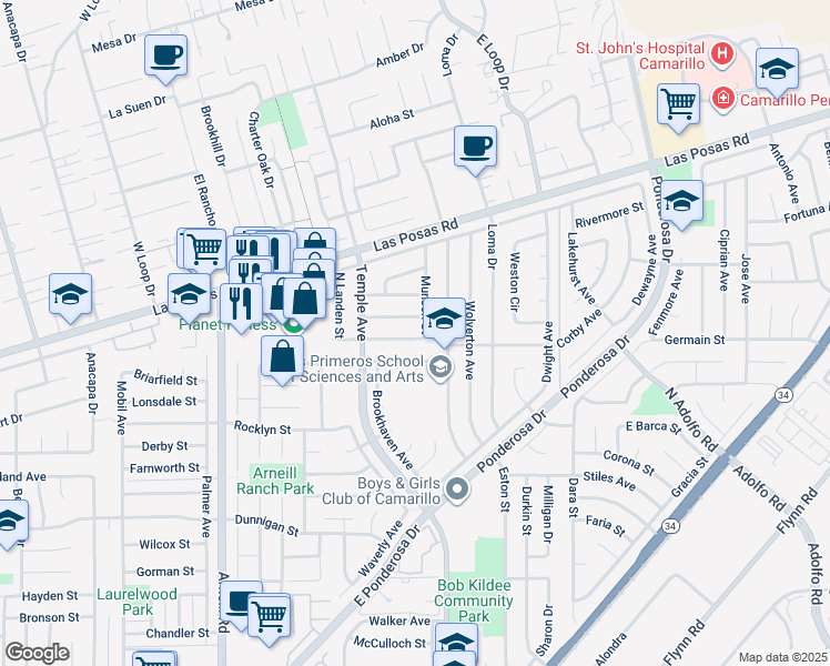 map of restaurants, bars, coffee shops, grocery stores, and more near 2875 Munson Street in Camarillo
