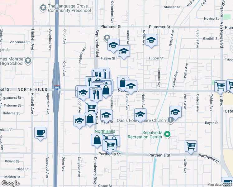 map of restaurants, bars, coffee shops, grocery stores, and more near 15240 Nordhoff Street in Los Angeles