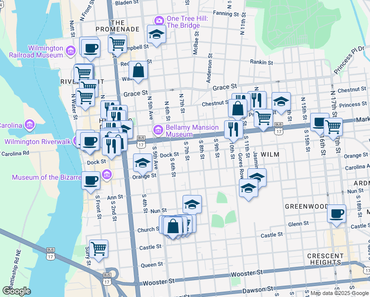 map of restaurants, bars, coffee shops, grocery stores, and more near 16 South 7th Street in Wilmington