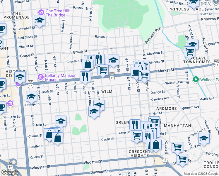 map of restaurants, bars, coffee shops, grocery stores, and more near 106 South 13th Street in Wilmington