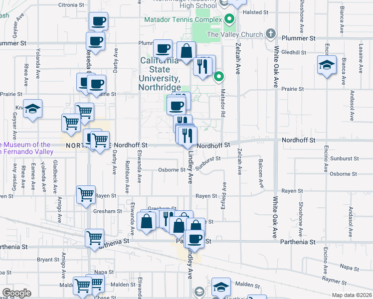 map of restaurants, bars, coffee shops, grocery stores, and more near 9028 Lindley Avenue in Northridge