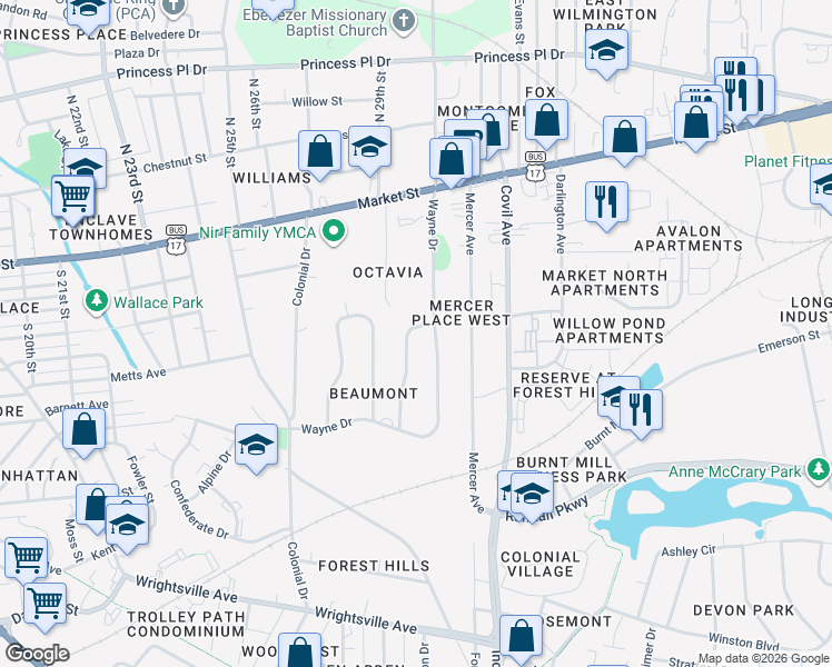 map of restaurants, bars, coffee shops, grocery stores, and more near 336 Stradleigh Road in Wilmington