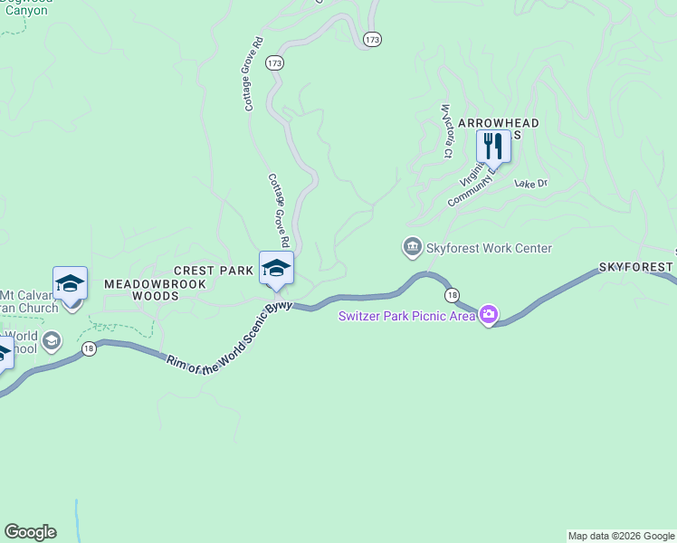 map of restaurants, bars, coffee shops, grocery stores, and more near 27951 Lower Crest Road in Rimforest