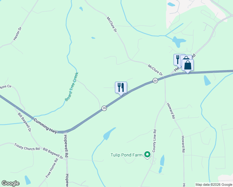 map of restaurants, bars, coffee shops, grocery stores, and more near 14219 Cumming Highway in Cumming