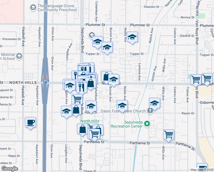 map of restaurants, bars, coffee shops, grocery stores, and more near 15216 Nordhoff Street in Los Angeles