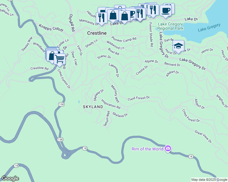 map of restaurants, bars, coffee shops, grocery stores, and more near 994 Mercury Way in Crestline