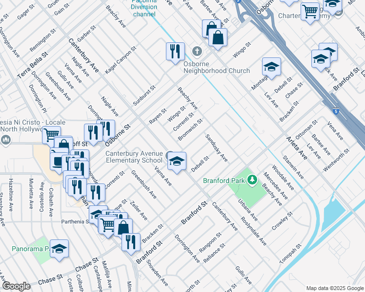 map of restaurants, bars, coffee shops, grocery stores, and more near 13591 Montague Street in Los Angeles