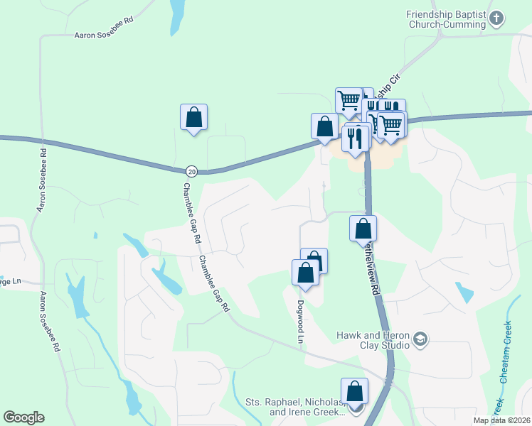 map of restaurants, bars, coffee shops, grocery stores, and more near 2865 Bryant Court in Cumming