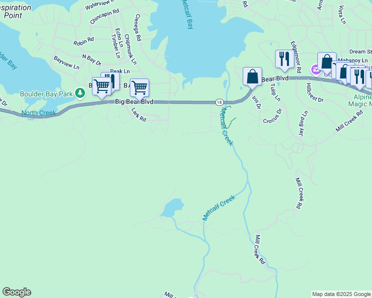 map of restaurants, bars, coffee shops, grocery stores, and more near 39501 Lakeview Pines Road in Big Bear Lake