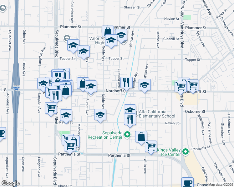 map of restaurants, bars, coffee shops, grocery stores, and more near 15019 Sunburst Street in Los Angeles