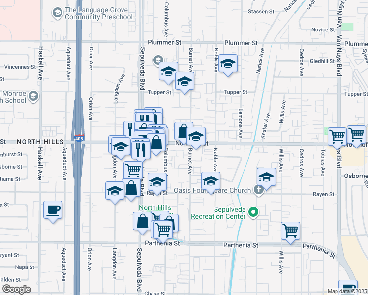 map of restaurants, bars, coffee shops, grocery stores, and more near 9033 Burnet Avenue in Los Angeles