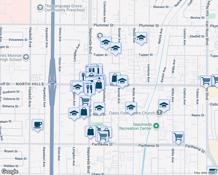 map of restaurants, bars, coffee shops, grocery stores, and more near 9033 Burnet Avenue in Los Angeles