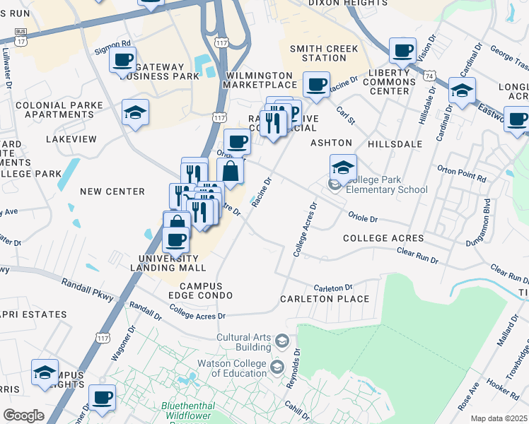 map of restaurants, bars, coffee shops, grocery stores, and more near 5359 New Centre Drive in Wilmington