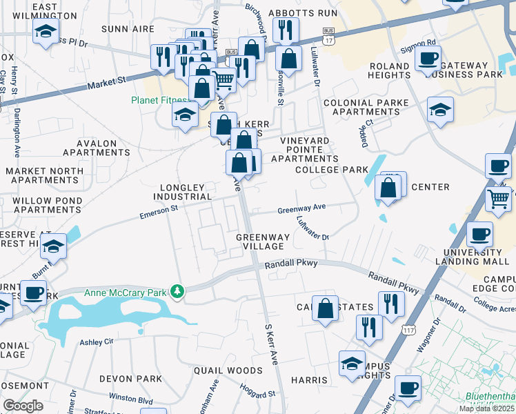 map of restaurants, bars, coffee shops, grocery stores, and more near 251 B South Kerr Avenue in Wilmington