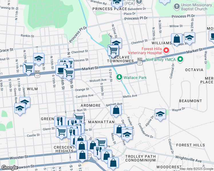 map of restaurants, bars, coffee shops, grocery stores, and more near 2013 Creecy Avenue in Wilmington