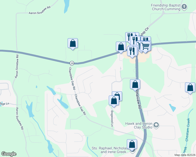 map of restaurants, bars, coffee shops, grocery stores, and more near 2865 Bryant Court in Cumming