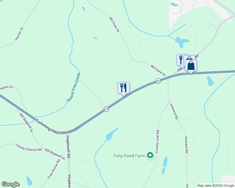 map of restaurants, bars, coffee shops, grocery stores, and more near 14219 Cumming Highway in Cumming