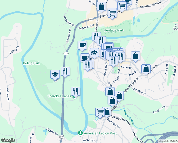 map of restaurants, bars, coffee shops, grocery stores, and more near 141 Railroad Street in Canton
