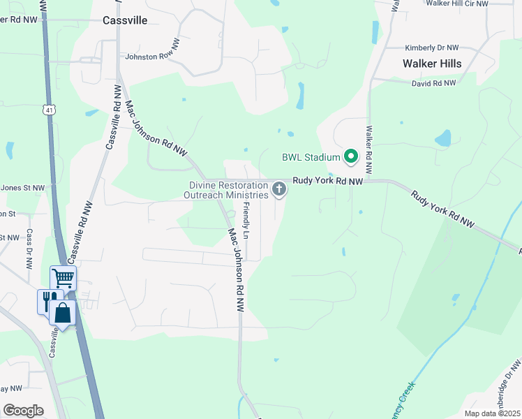 map of restaurants, bars, coffee shops, grocery stores, and more near 13 Friendly Lane in Cartersville