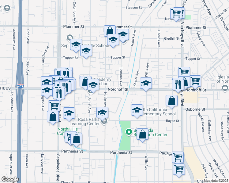 map of restaurants, bars, coffee shops, grocery stores, and more near 15024 Nordhoff Street in Los Angeles