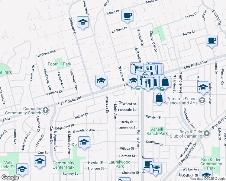 map of restaurants, bars, coffee shops, grocery stores, and more near 2047 Euclid Avenue in Camarillo