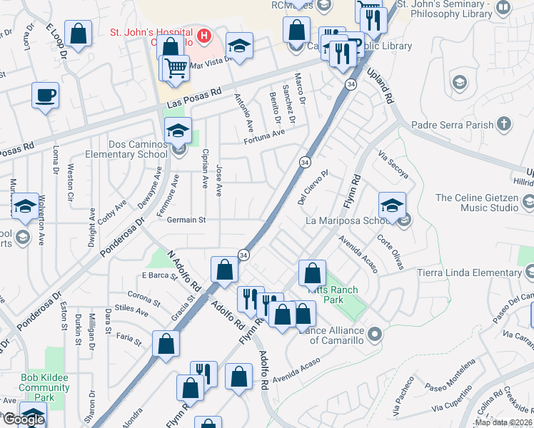 map of restaurants, bars, coffee shops, grocery stores, and more near 4088 Germain Street in Camarillo