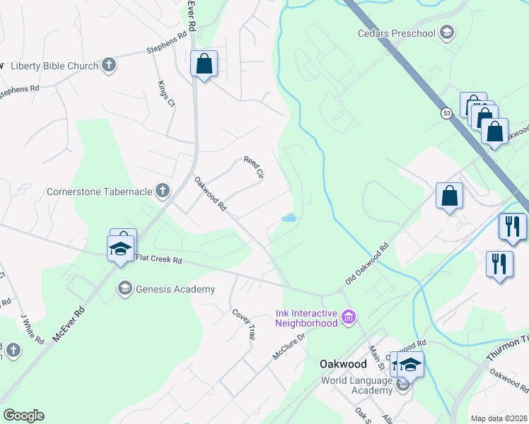 map of restaurants, bars, coffee shops, grocery stores, and more near 4020 Brock Drive in Oakwood
