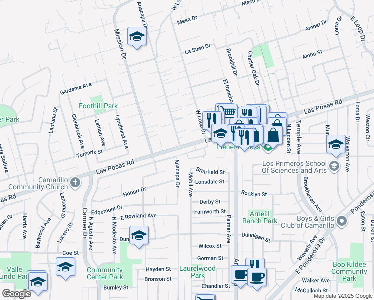map of restaurants, bars, coffee shops, grocery stores, and more near 2047 Euclid Avenue in Camarillo